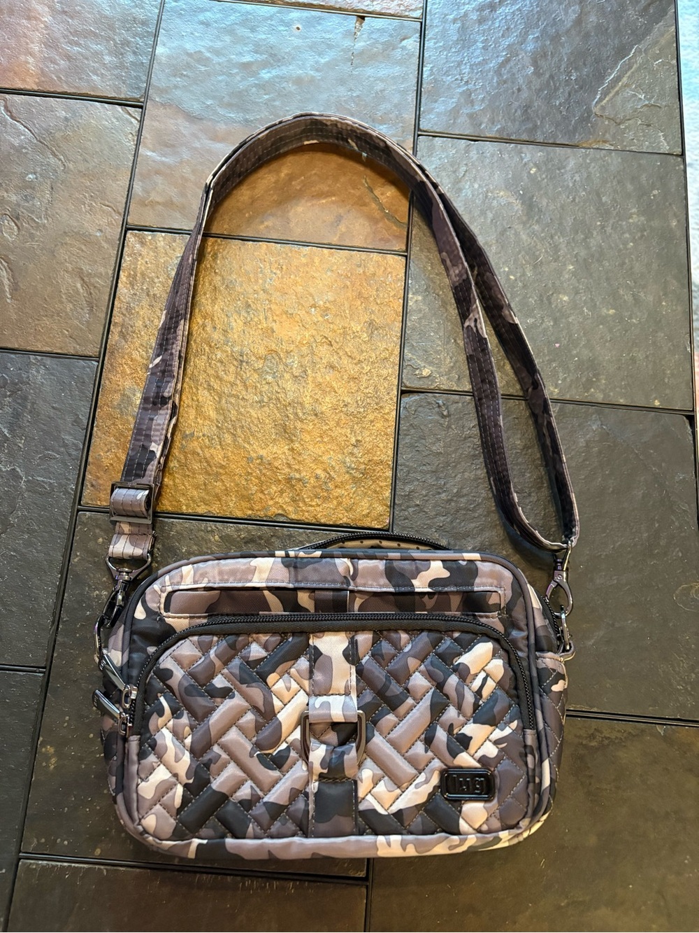 lug Camo Quilted Crossbody in Gray and Tan
